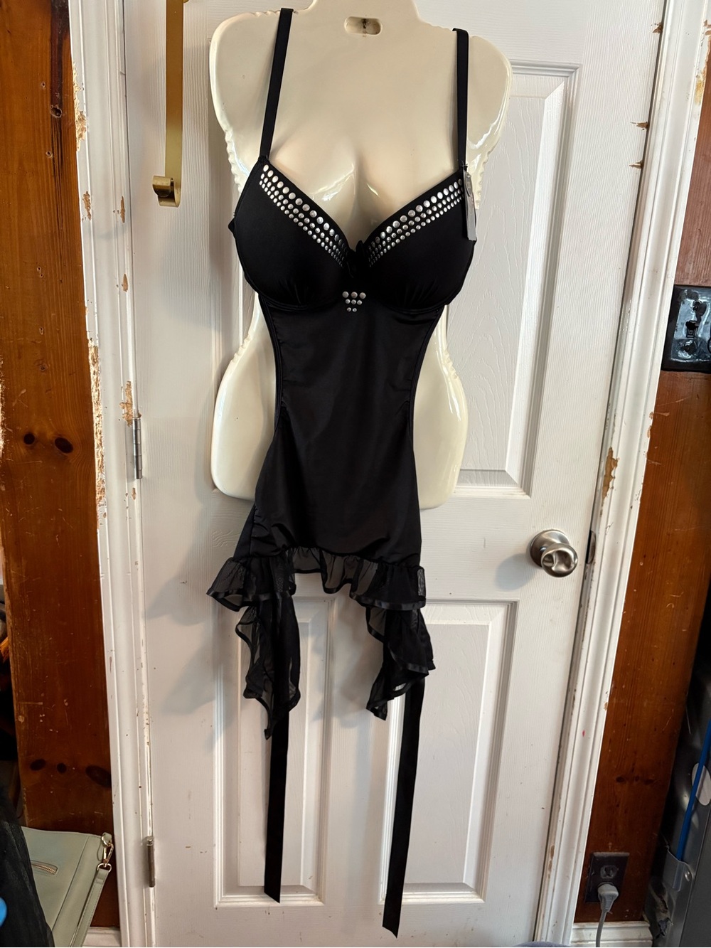 True Desire Black  Sz2X Apron Bra NWT Chemise with Ruffle Hem And Black Ties